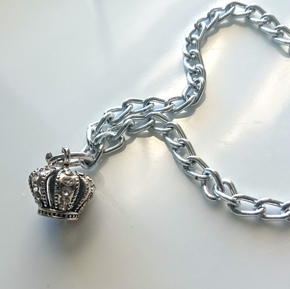 Silver Cz Crown Charm Bracelet 7 "